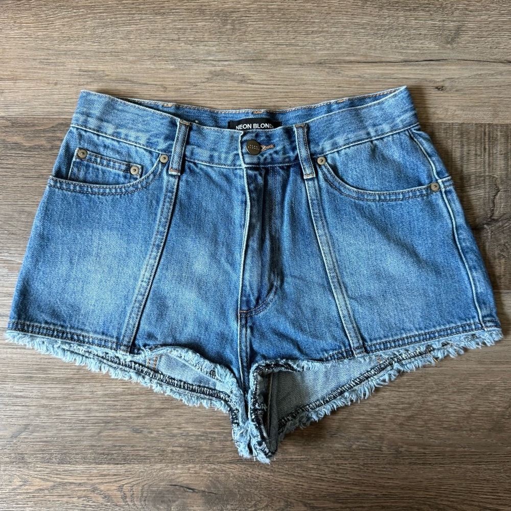 Neon Blonde Siren Mum Fit High-Waist Denim Shorts
